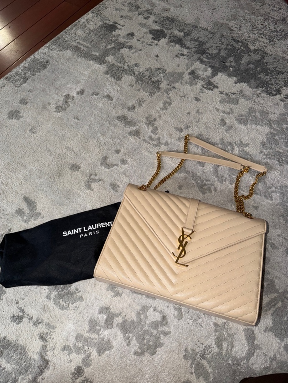 Saint Laurent Beige Quilted Leather Shoulder Bag with Gold YSL Chain